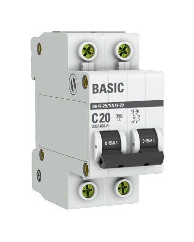 Автоматический выключатель 2P 20А (C) 4,5кА ВА 47-29 Basic (mcb4729-2-20C). Автоматический выключатель. EKF в Бийске