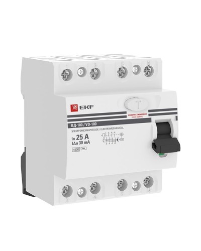 УЗО ВД-100 4P 25А 30мА тип AC эл-мех  PROxima (elcb-4-25-30-em-pro). Выключатель дифференциального тока (УЗО). EKF в Бийске