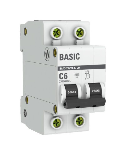 Автоматический выключатель 2P 6А (C) 4,5кА ВА 47-29 Basic (mcb4729-2-06C). Автоматический выключатель. EKF в Бийске