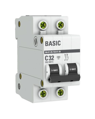 Автоматический выключатель 2P 32А (C) 4,5кА ВА 47-29 Basic (mcb4729-2-32C): Автоматический выключатель в Бийске
