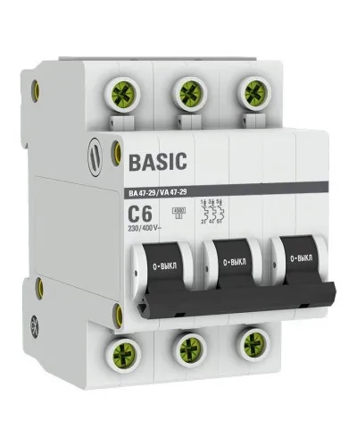 Автоматический выключатель 3P 6А (C) 4,5кА ВА 47-29 Basic (mcb4729-3-06C). Автоматический выключатель. EKF в Бийске