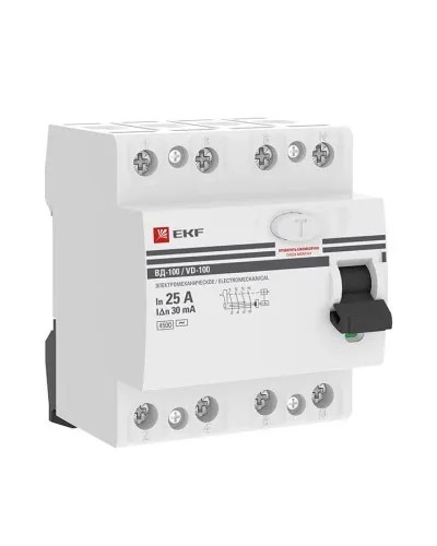УЗО ВД-100 4P 25А 30мА тип AC эл-мех  PROxima (elcb-4-25-30-em-pro). Выключатель дифференциального тока (УЗО). EKF в Бийске