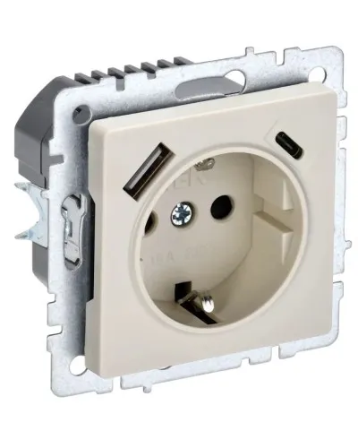 Розетка с з/к с USB A+C 18Вт РЮш11-1-БрКр бежевый BRITE (BR-R14-16-U22-018-K10). Розетка с заземлением с защитными шторками, 18Вт. IEK в Бийске
