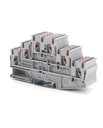 Клемма трехуровневая, зажим push-in, 2.5 кв.мм, серая (VPR-2.5-3L-GY). Клемма проходная, 6 точки подключения. ДКС в Бийске